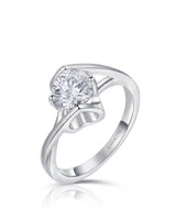 Round moissanite solitaire engagement ring with Möbius band and heart basket in 18K white gold | SARATTI