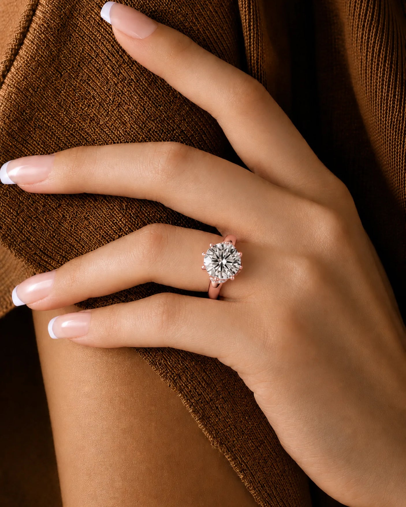 Round moissanite solitaire in rose gold with sculptural prongs and polished plain band | SARATTI