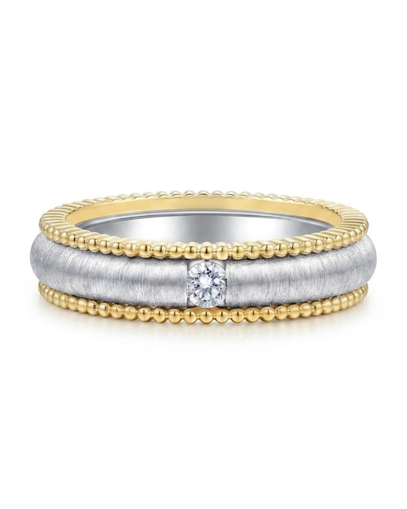 Round natural diamond wedding band with contrasting 18K white and yellow gold architectural detailing | SARATTI