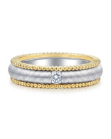 Round natural diamond wedding band with contrasting 18K white and yellow gold architectural detailing | SARATTI