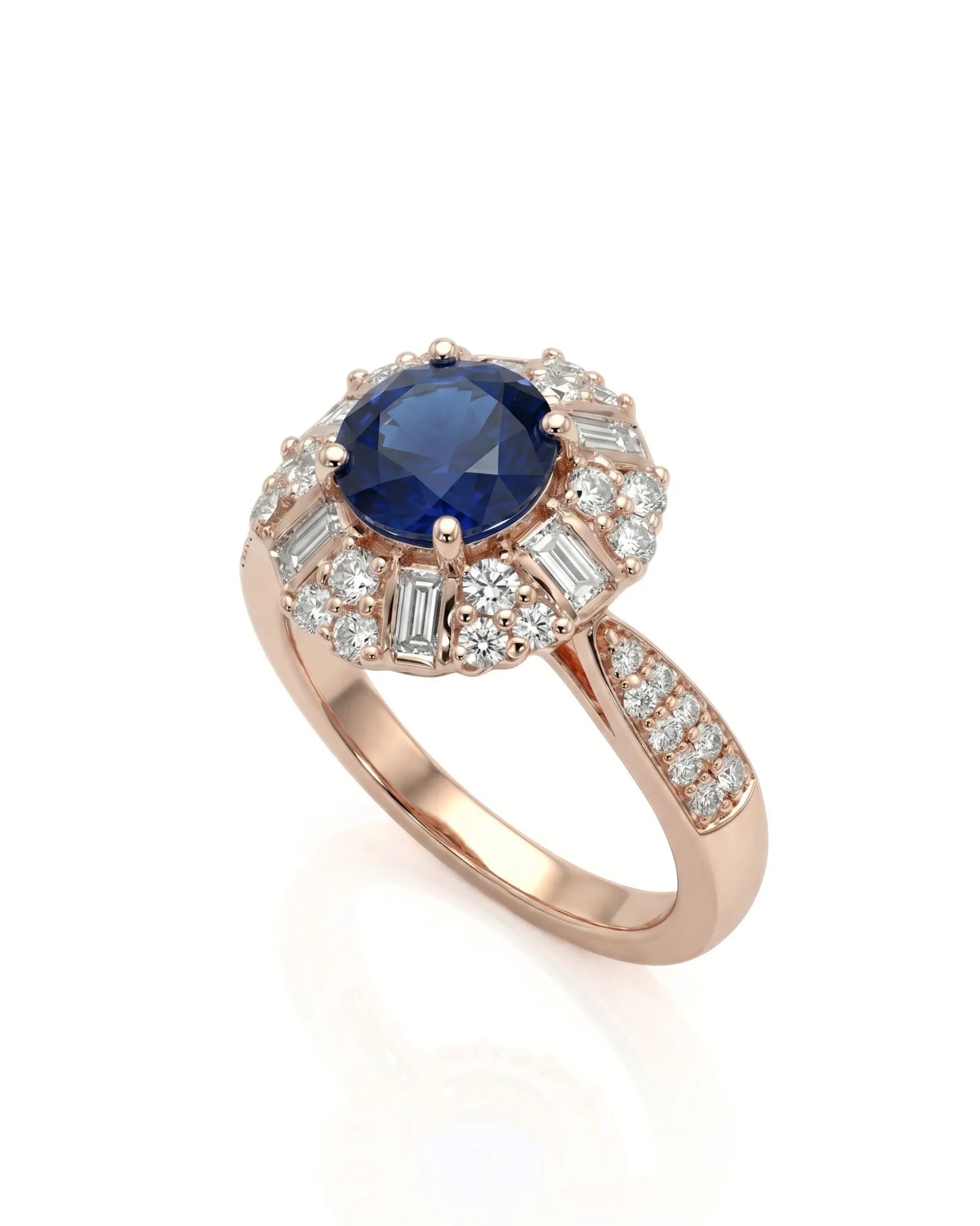 Round royal blue sapphire ring with floral diamond halo in 18K rose gold | SARATTI