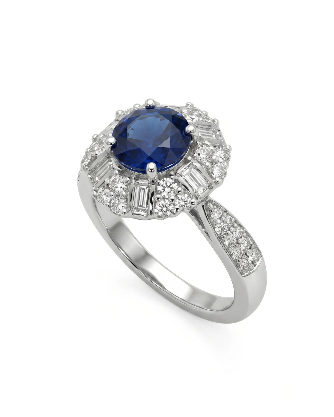 Round royal blue sapphire ring with floral diamond halo in 18K white gold | SARATTI