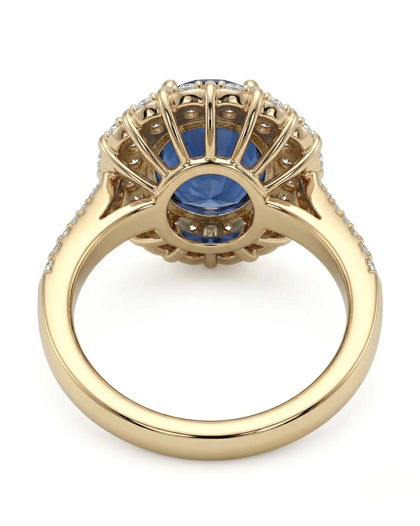 Round royal blue sapphire ring with floral diamond halo in 18K yellow gold - SARATTI