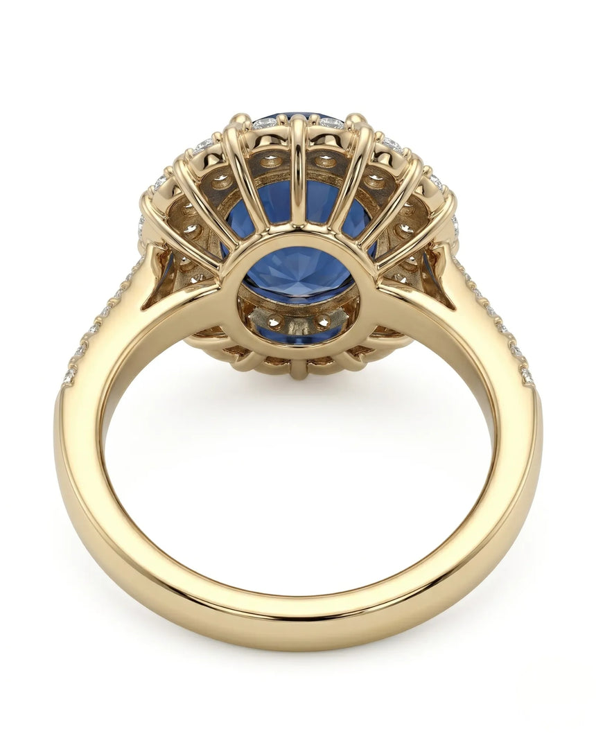Round royal blue sapphire ring with floral diamond halo in 18K yellow gold - SARATTI