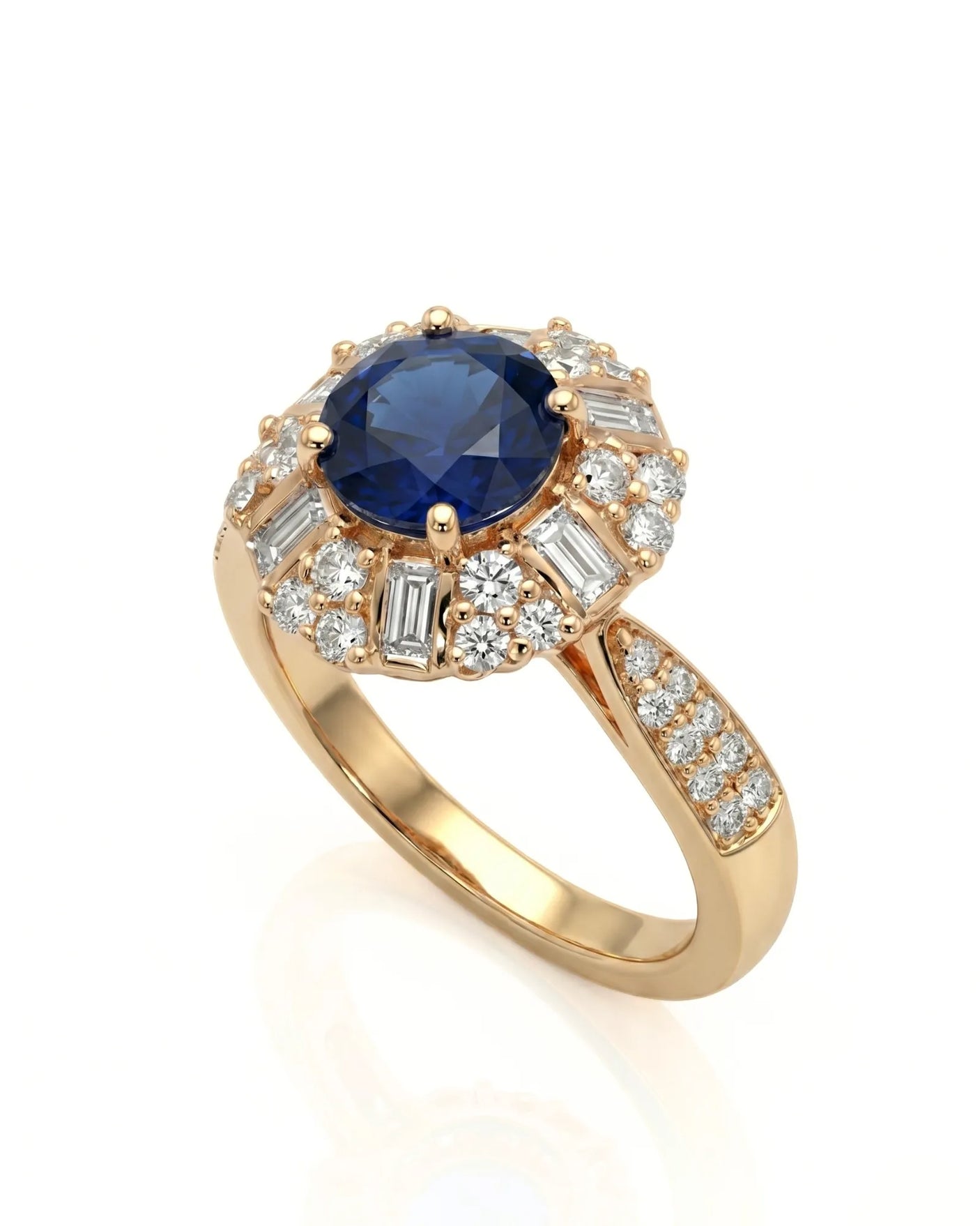 Round royal blue sapphire ring with floral diamond halo in 18K yellow gold | SARATTI