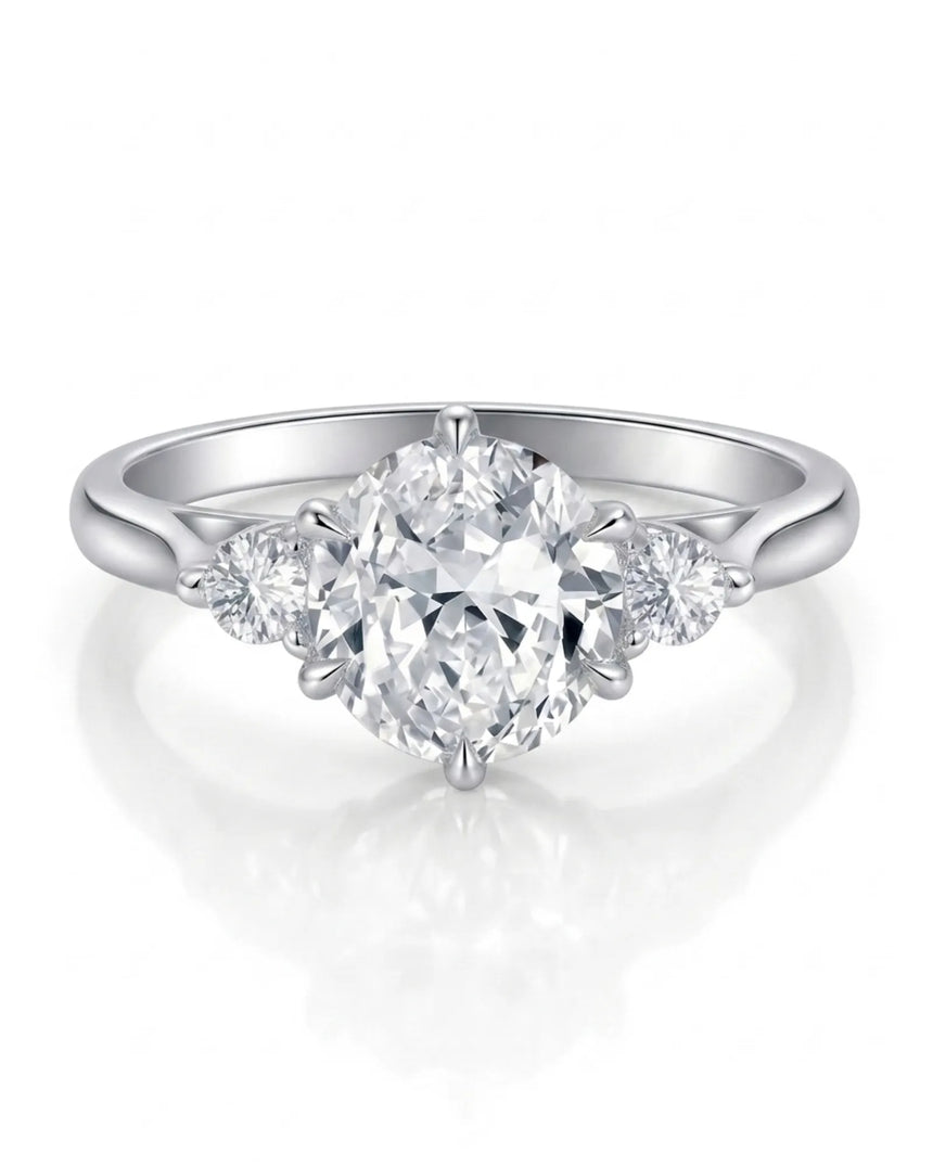 Round three stone moissanite engagement ring for a timeless proposal in platinum | SARATTI