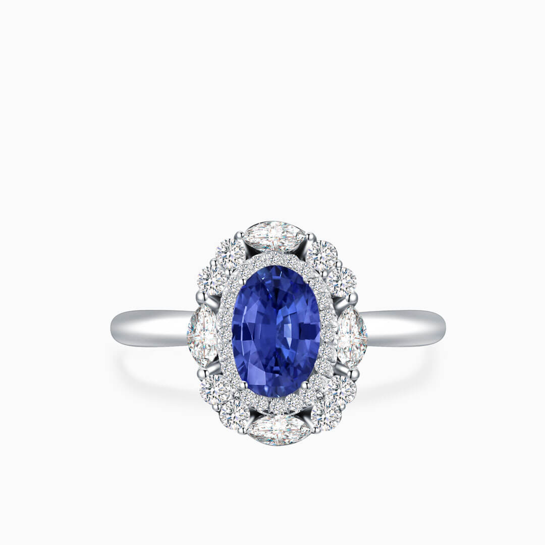 Royal Blue Sapphire and Diamonds Ring 18K White Gold | Modern Gem Jewelry | Saratti