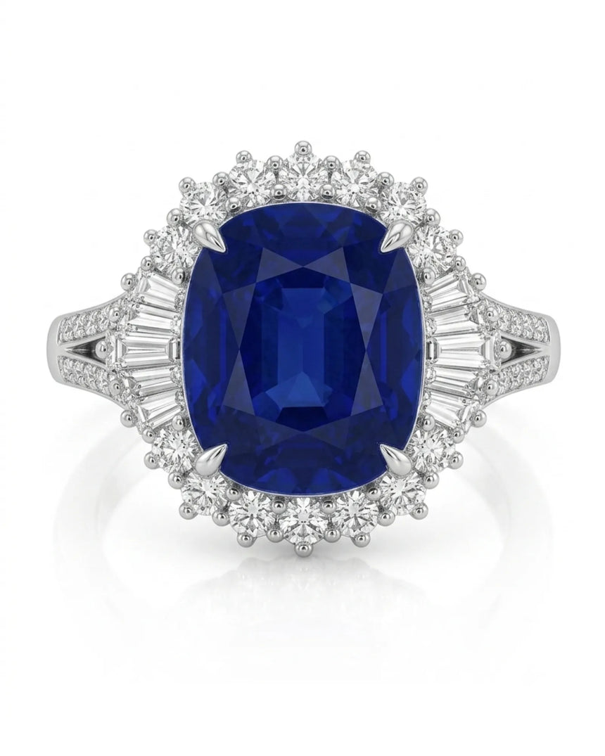 Royal blue natural sapphire framed by a radiant diamond halo in polished white gold | SARATTI