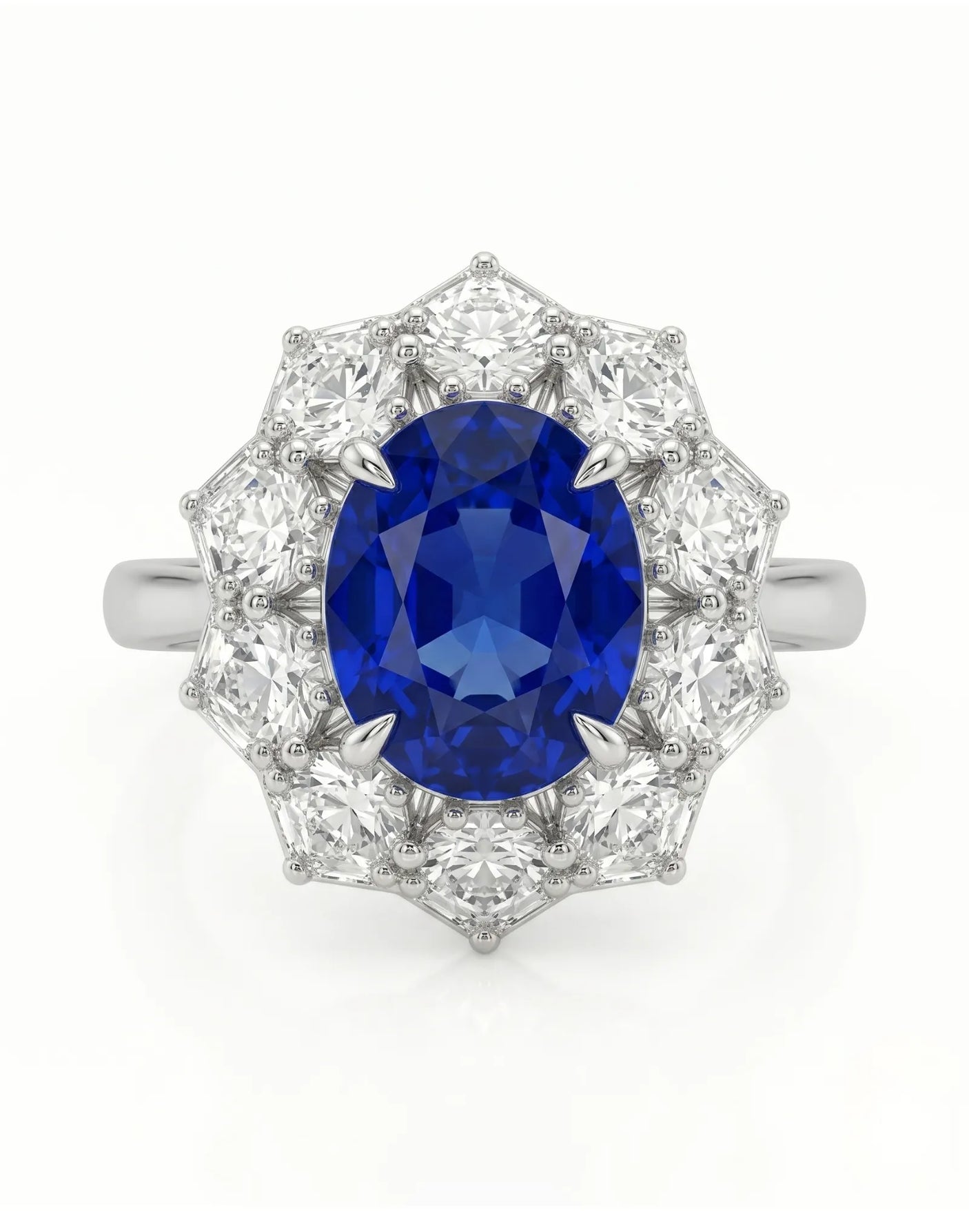 Royal blue oval sapphire ring with brilliant diamond floral frame in white gold | SARATTI