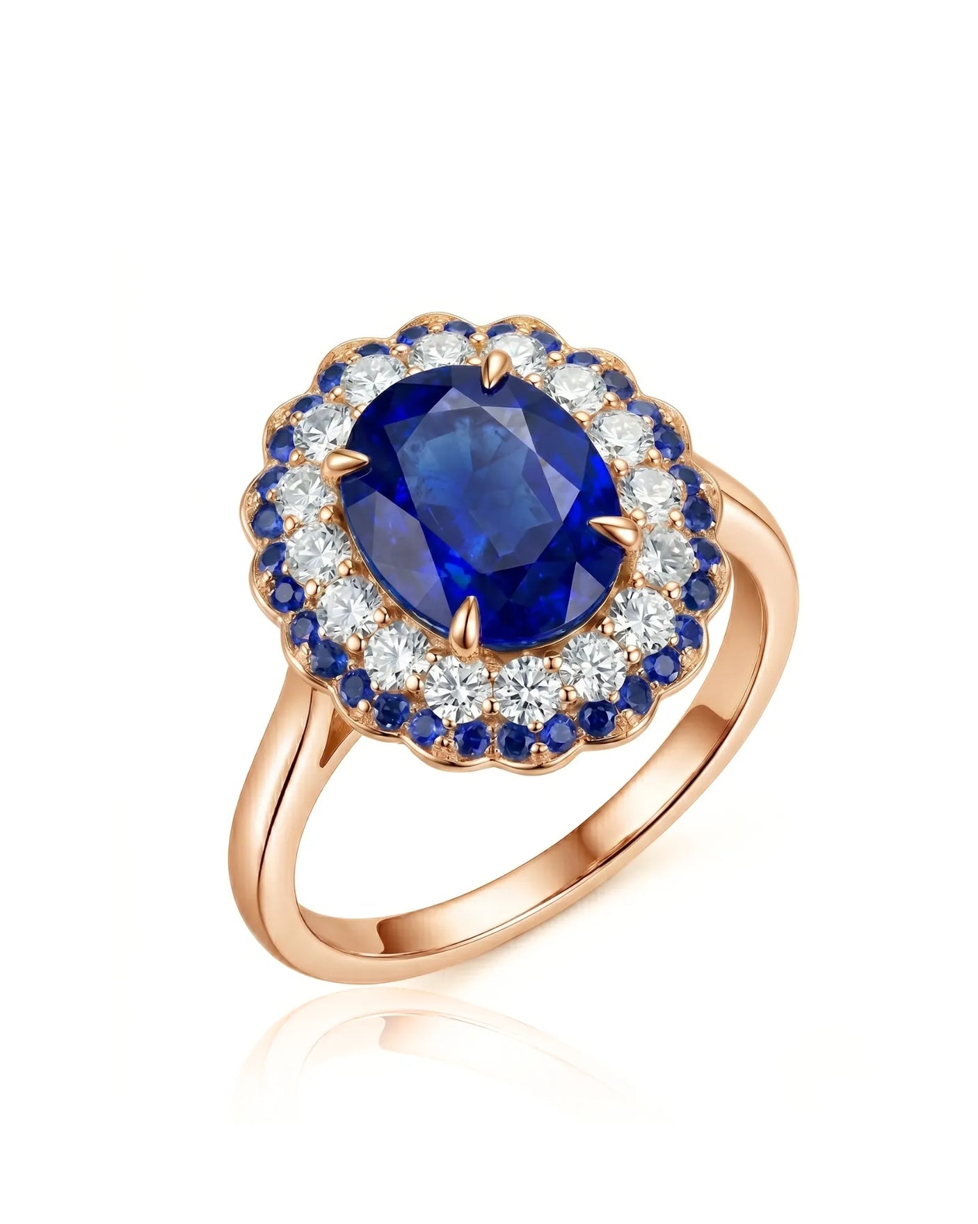 Royal blue oval sapphire ring with diamond and sapphire double halo in 18K rose gold | SARATTI