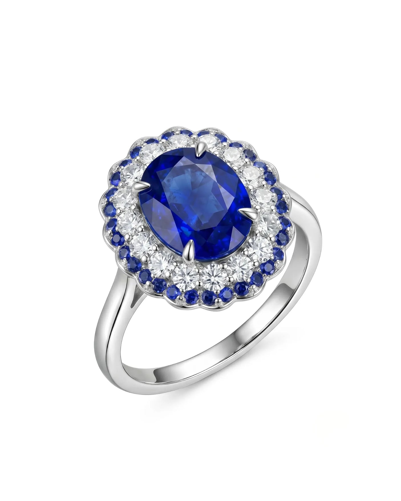 Royal blue oval sapphire ring with diamond and sapphire double halo in 18K white gold | SARATTI