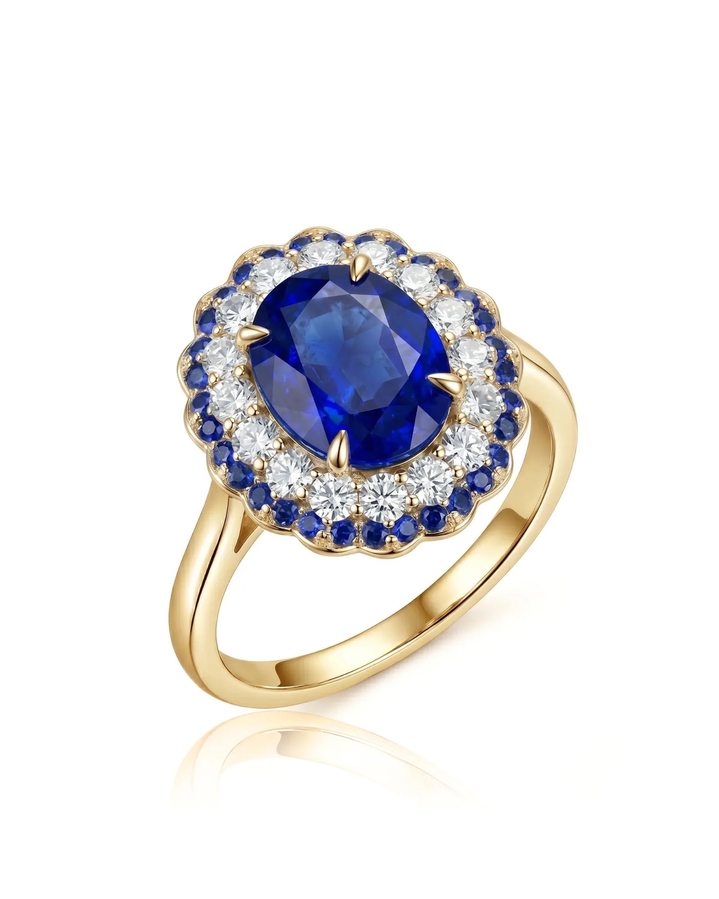 Royal blue oval sapphire ring with diamond and sapphire double halo in 18K yellow gold | SARATTI