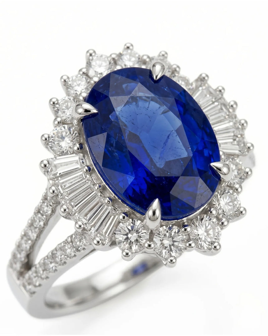 Royal blue oval sapphire ring with diamond halo in enduring platinum | SARATTI