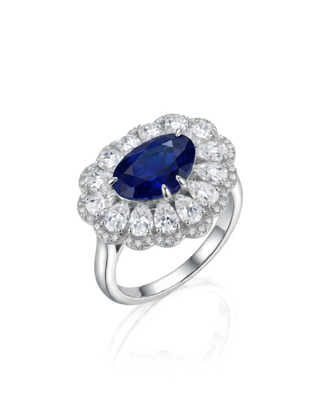 Royal blue pear sapphire floral diamond ring in 18K white gold | SARATTI