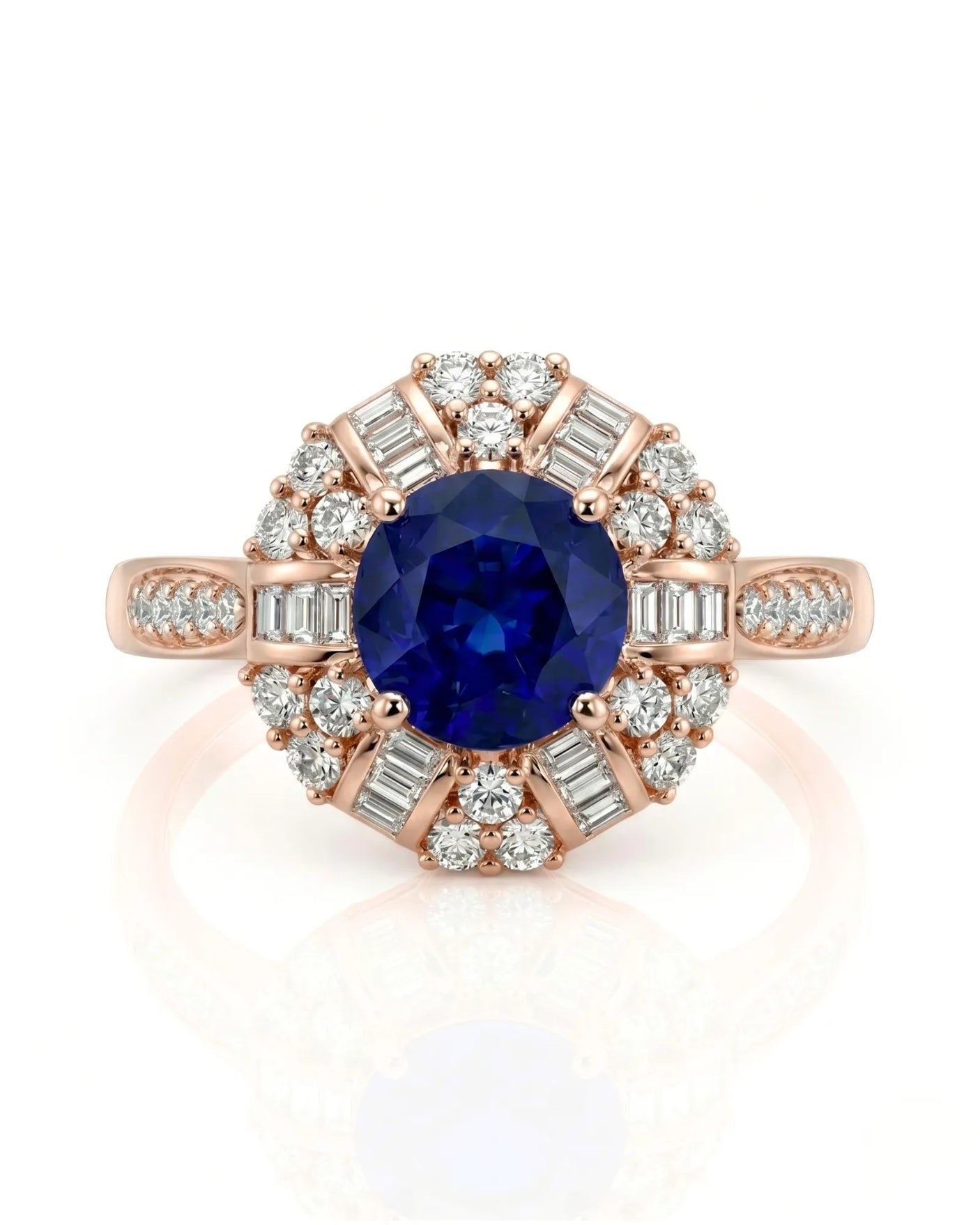 Royal blue round sapphire ring with mixed diamond halo in 18K rose gold | SARATTI