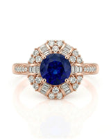 Royal blue round sapphire ring with mixed diamond halo in 18K rose gold | SARATTI