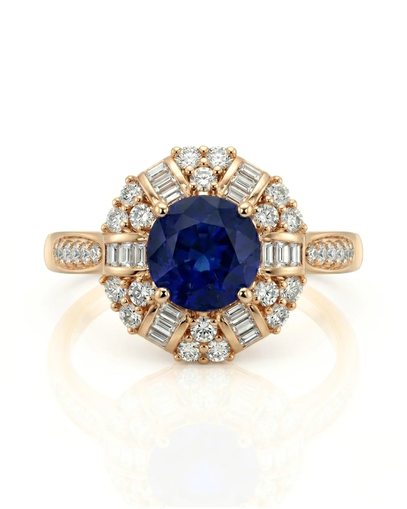 Royal blue round sapphire ring with mixed diamond halo in 18K yellow gold | SARATTI