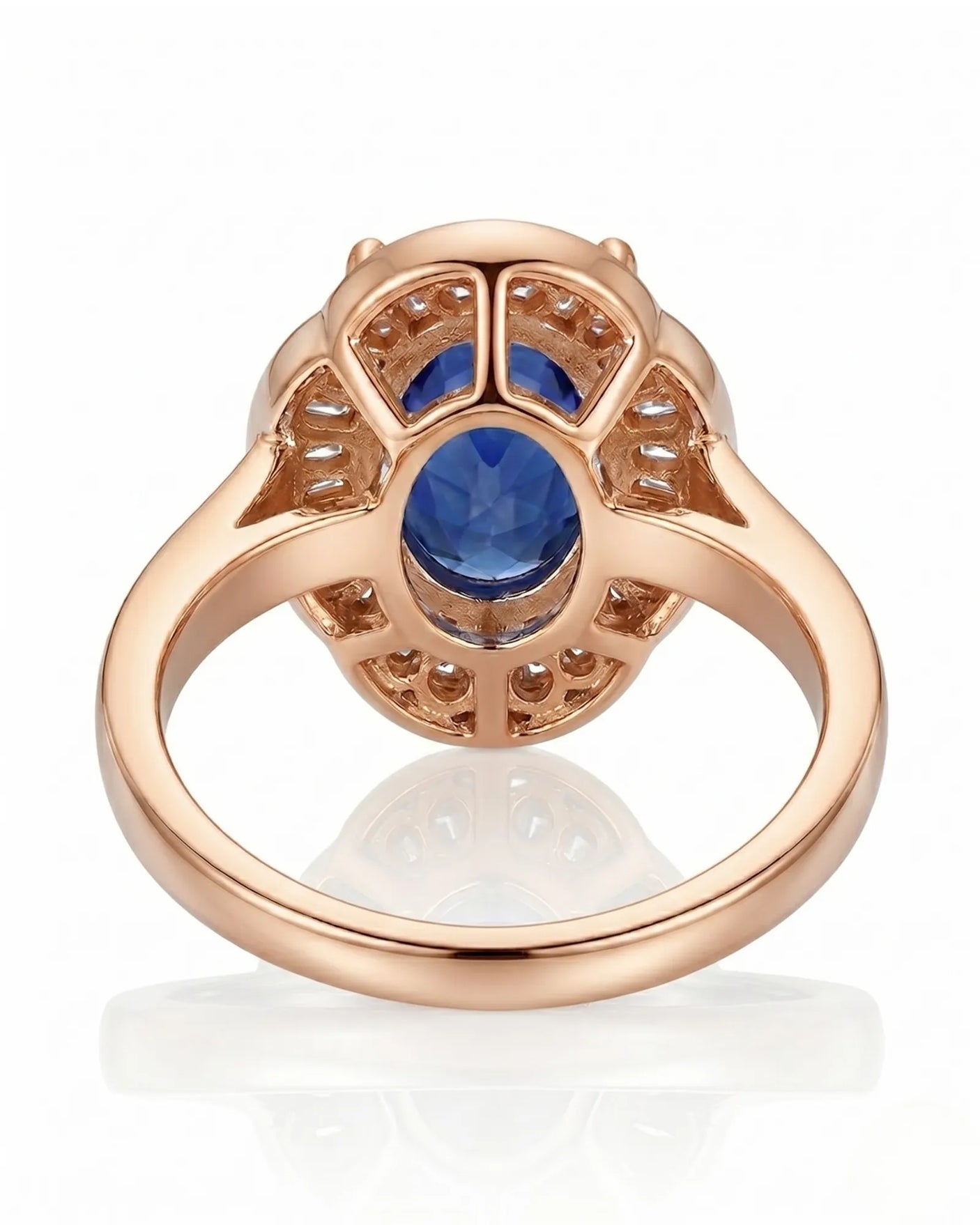 Royal blue sapphire engagement ring with diamond halo for vintage proposals in 18K rose gold | SARATTI