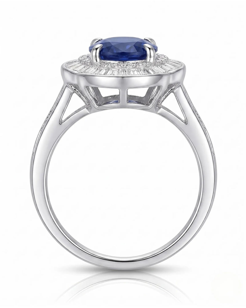 Royal blue sapphire engagement ring with diamond halo for vintage proposals in platinum | SARATTI