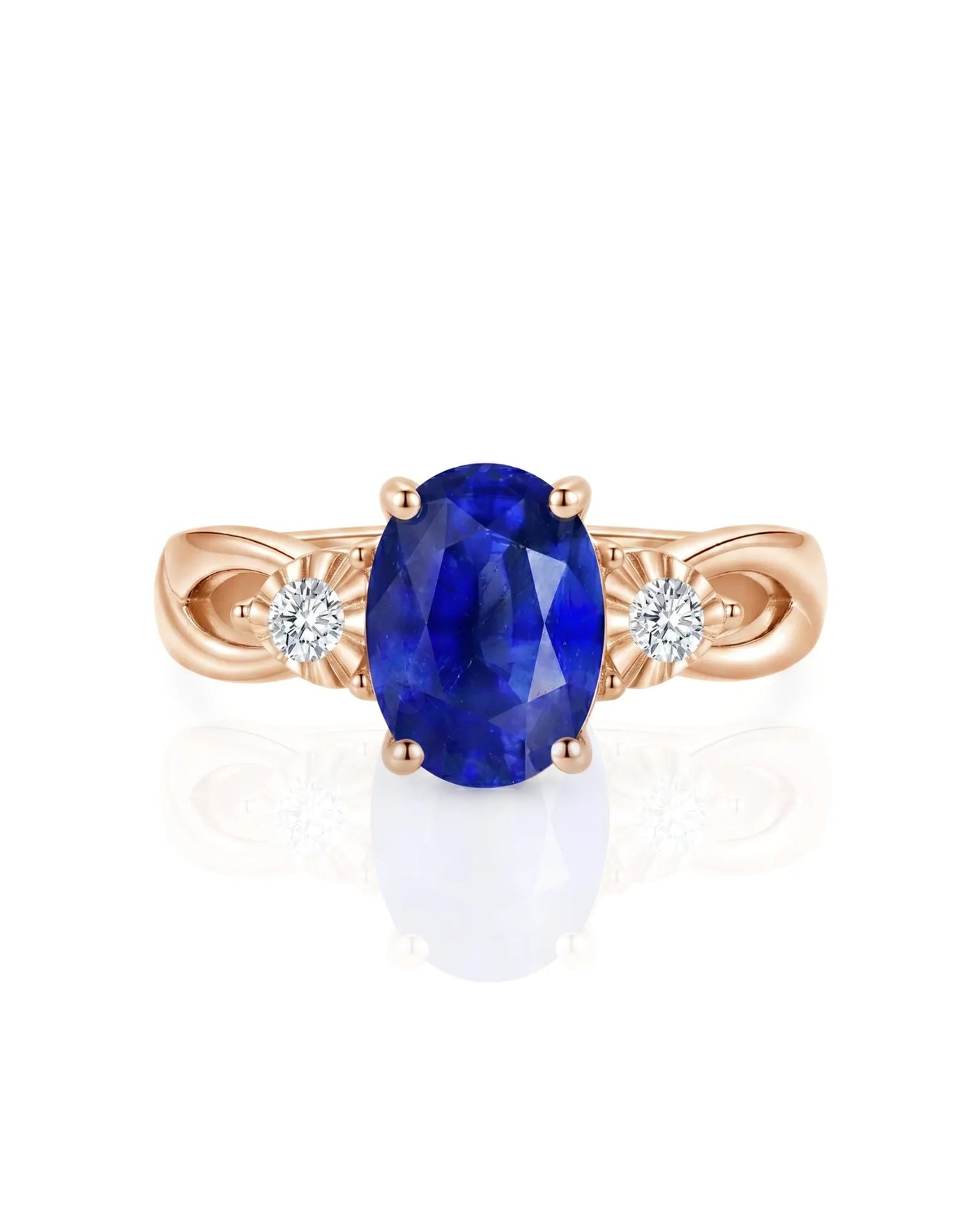Royal blue sapphire split shank ring with floral diamond settings in 18K rose gold | SARATTI
