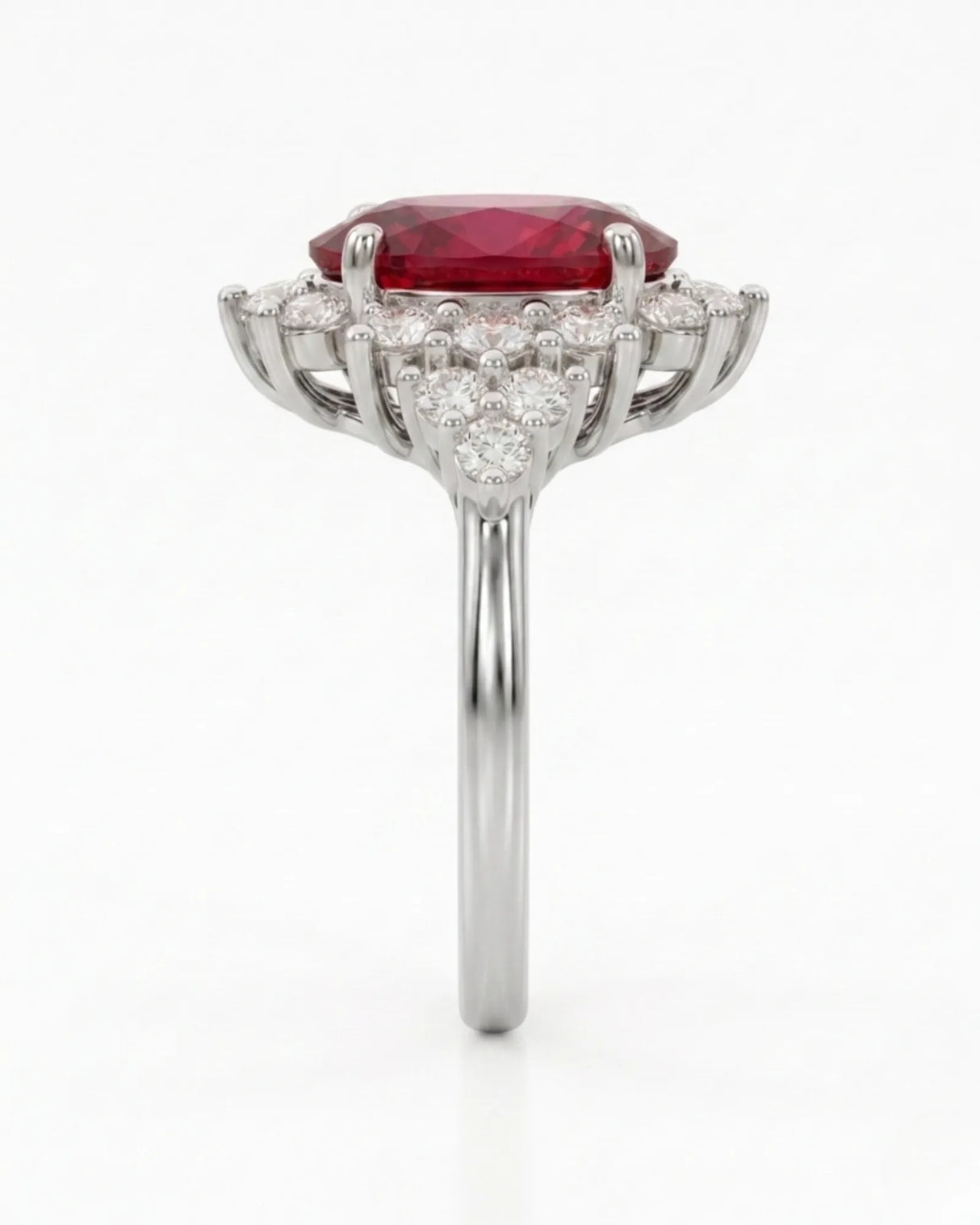 Rubellite tourmaline engagement ring in white gold with sparkling diamond halo | SARATTI