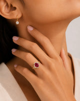 Rubellite tourmaline engagement ring with diamond halo in classic 18K yellow gold | SARATTI