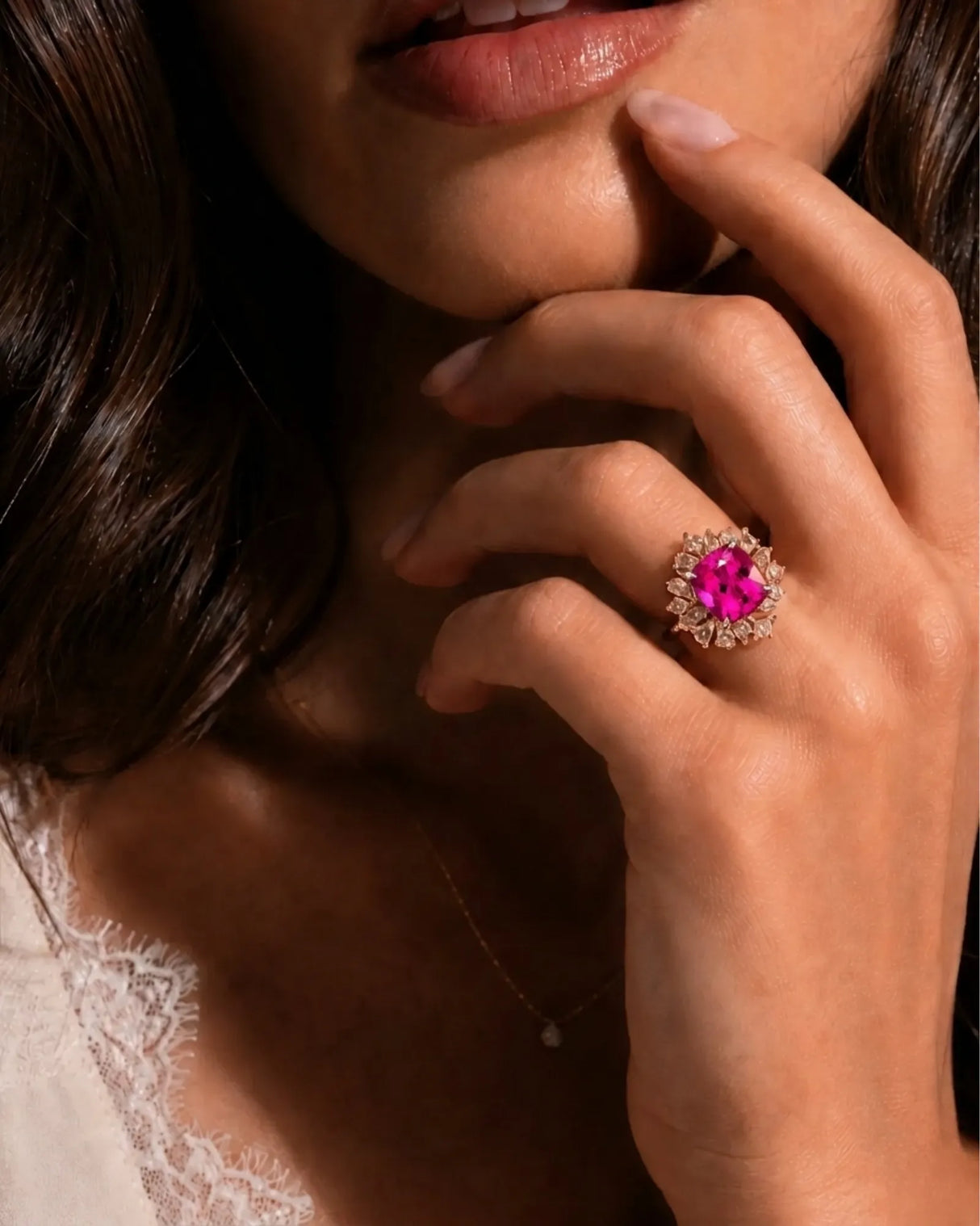 Rubellite tourmaline engagement ring with floral diamond setting in 18K rose gold | SARATTI