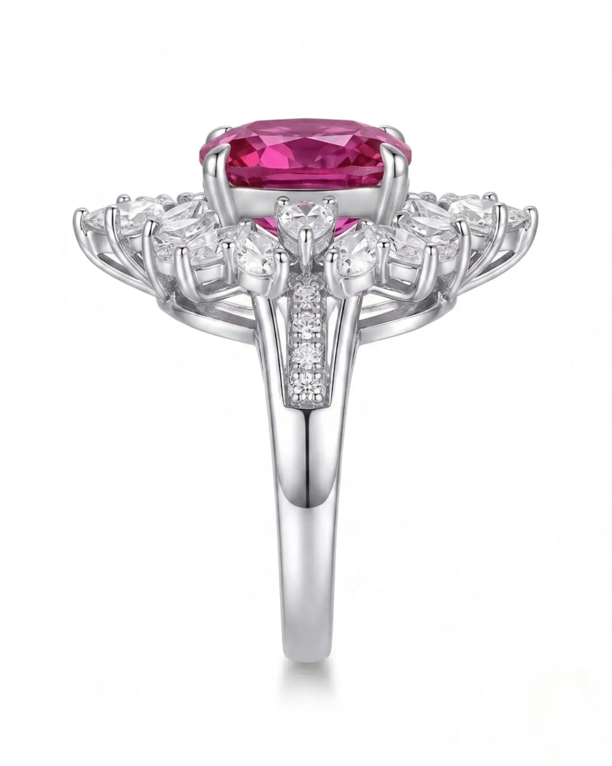 Rubellite tourmaline engagement ring with floral diamond setting in 18K white gold | SARATTI