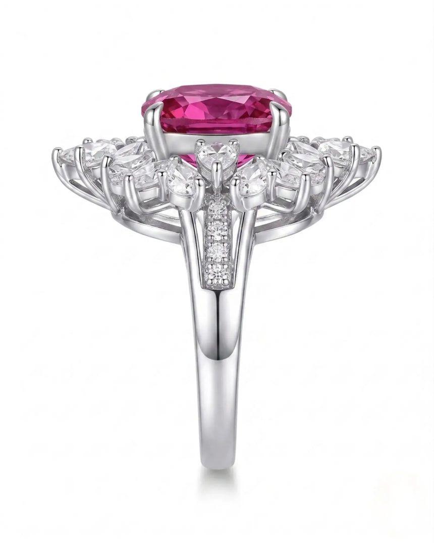 Rubellite tourmaline engagement ring with floral diamond setting in 18K white gold | SARATTI