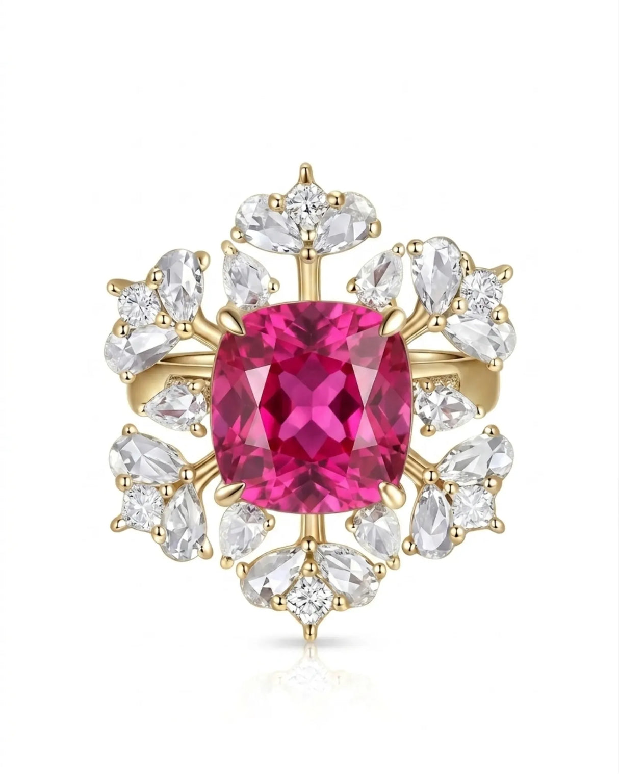 Rubellite tourmaline engagement ring with floral diamond setting in 18K yellow gold | SARATTI