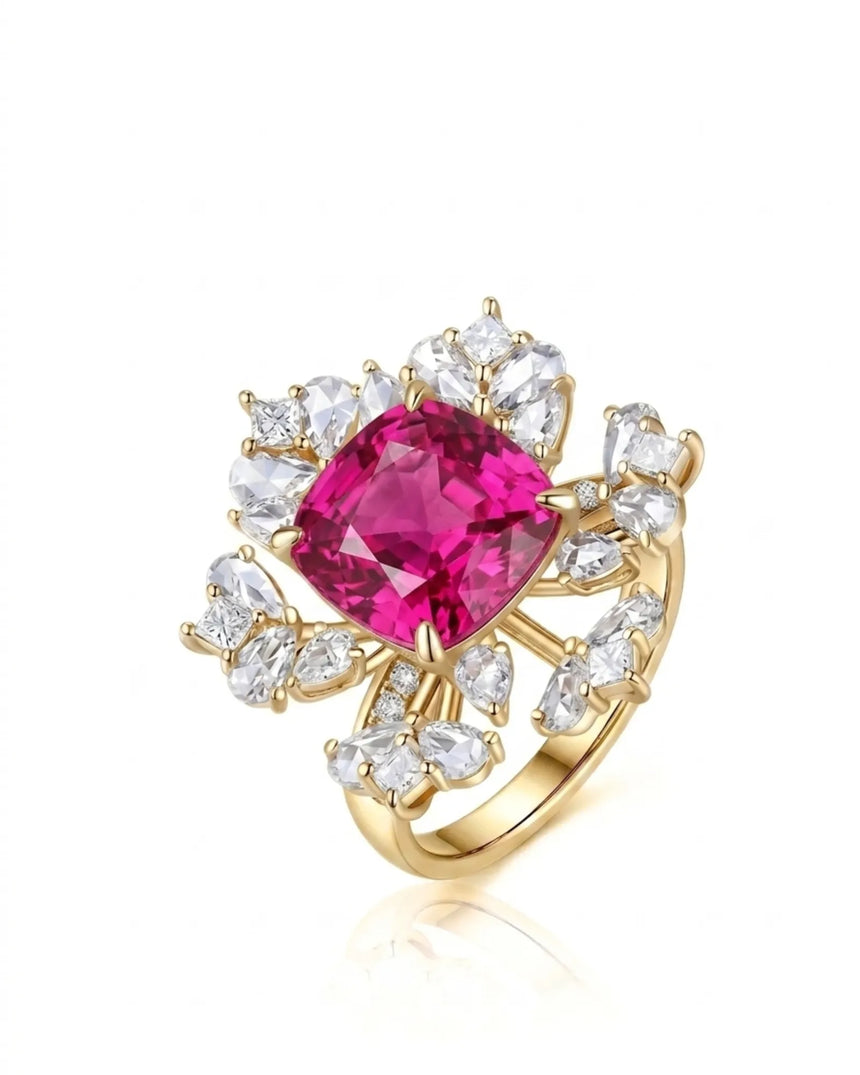 Rubellite tourmaline ring with cushion center stone and diamond floral halo in 18K yellow gold | SARATTI