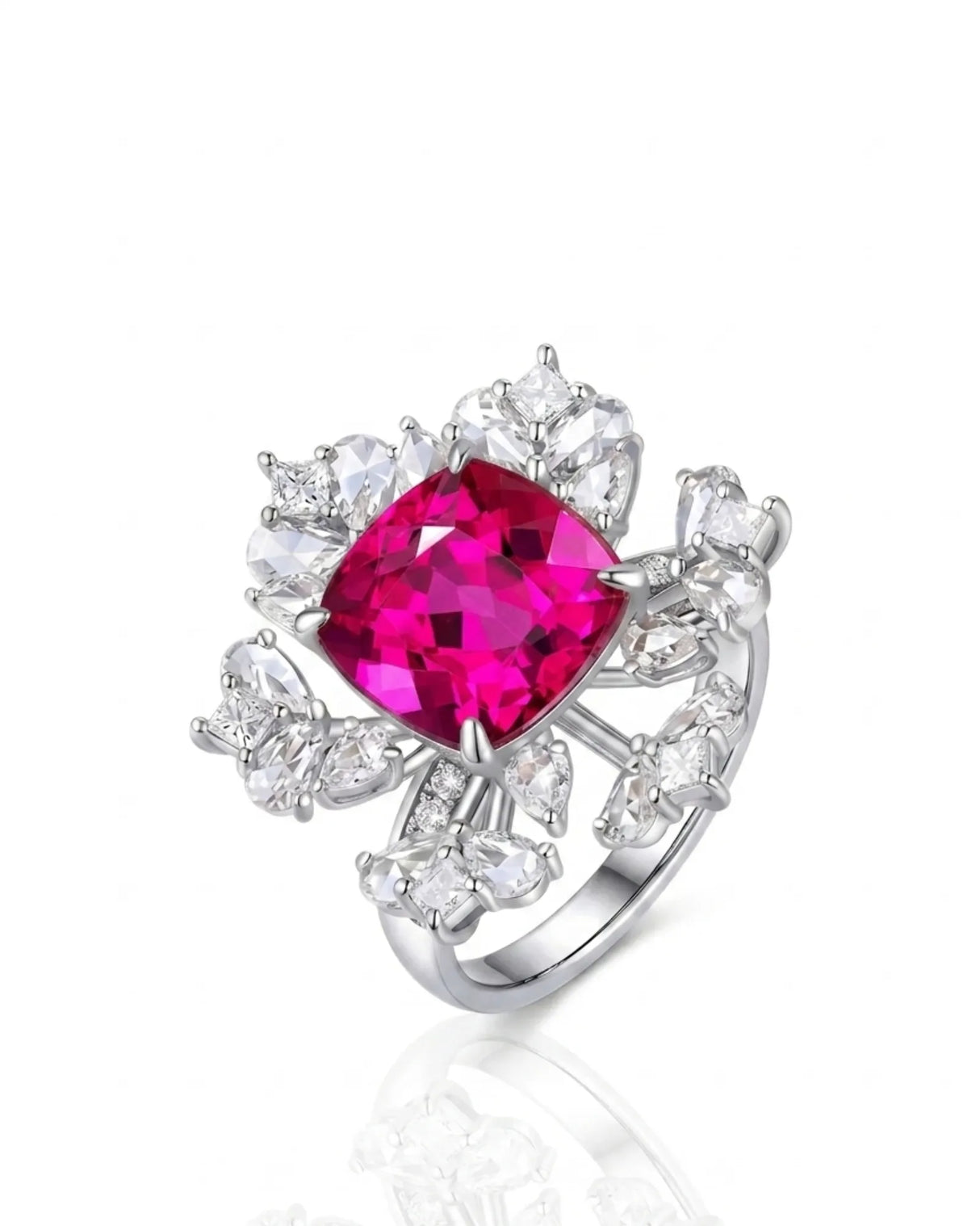 Rubellite tourmaline ring with cushion center stone and diamond floral halo in polished platinum | SARATTI