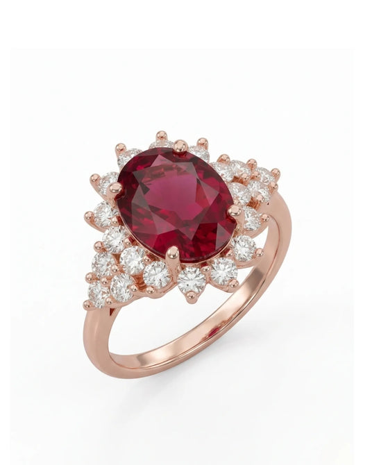 Rubellite tourmaline ring with oval center stone and diamond halo in 18K rose gold | SARATTI