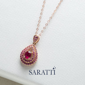 Centre Stone shot of the Mogok Rose Red Ruby Pendant | Saratti Fine Jewelry 