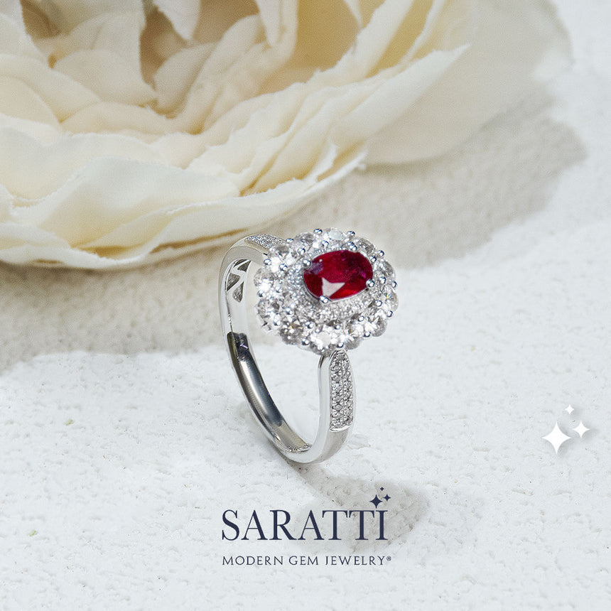 Prong-Set Ruby Centerpiece in White Gold with Diamond Accents | Saratti