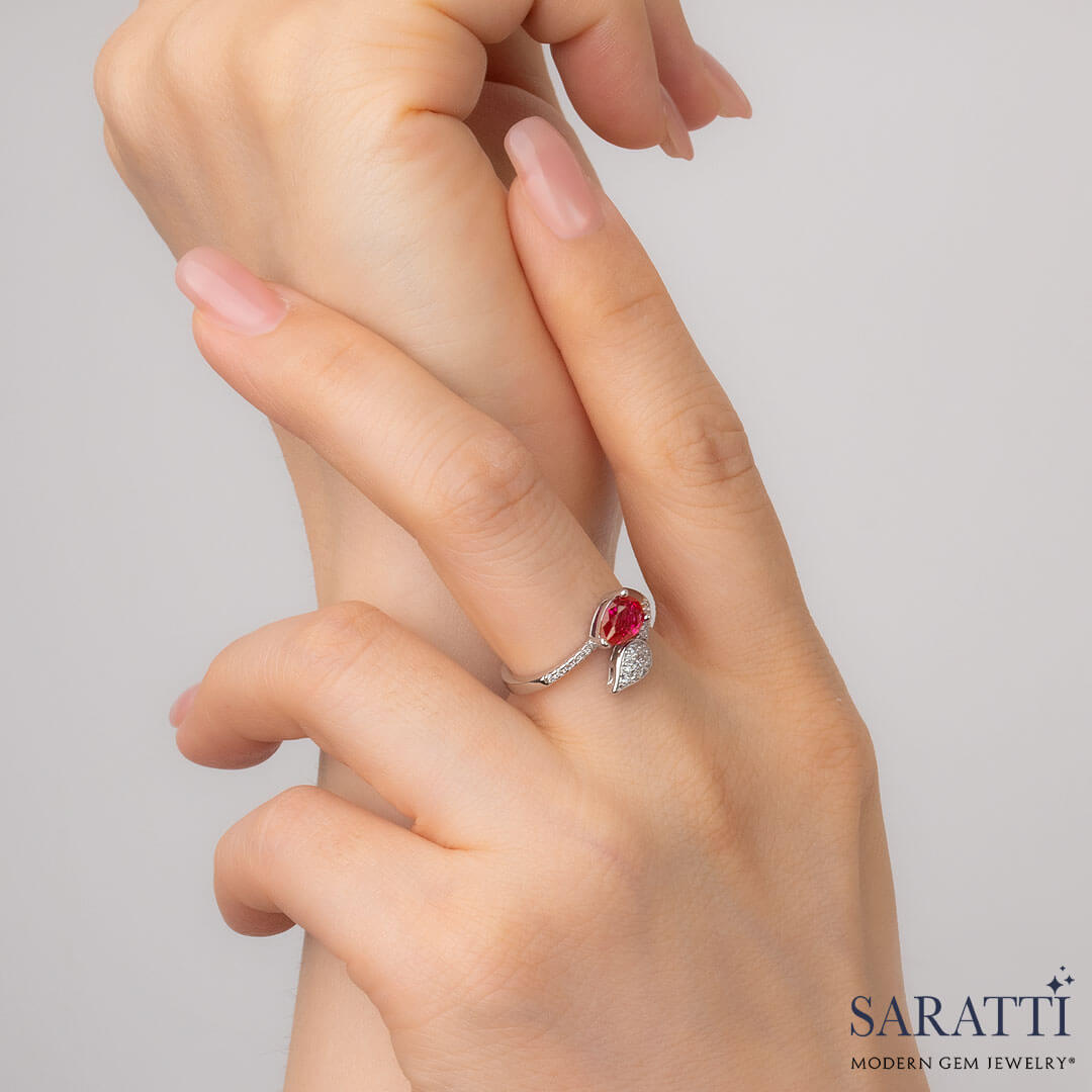 Pear Cut Ruby Ring with Diamonds | Saratti