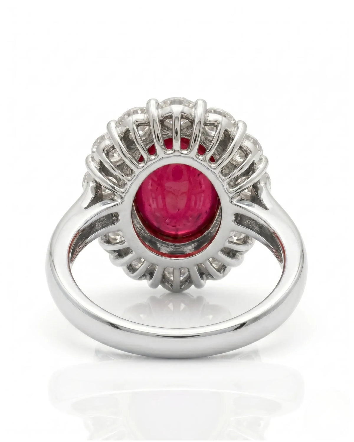 Ruby and diamond anniversary ring with oval center stone in 18K white gold | SARATTI