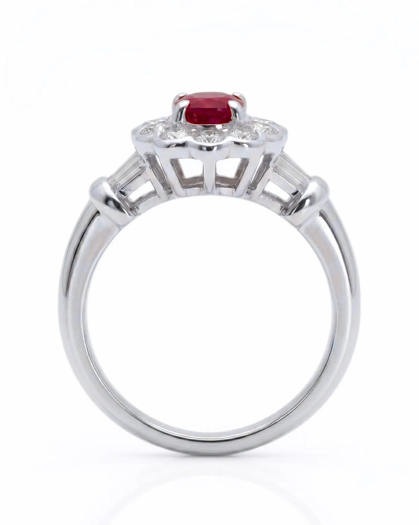 Ruby and diamond engagement ring with classic halo in 18K white gold | SARATTI