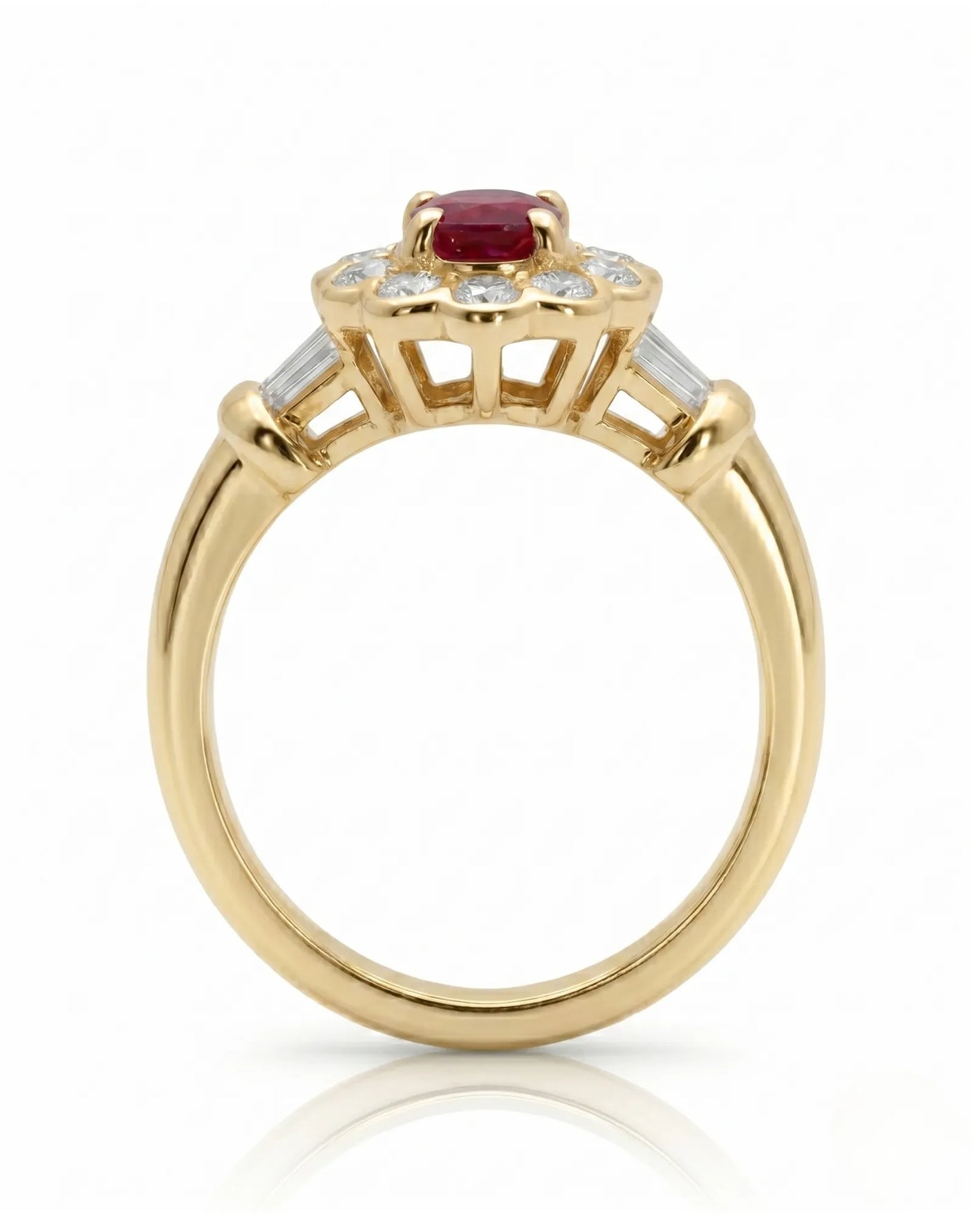 Ruby and diamond engagement ring with classic halo in 18K yellow gold | SARATTI