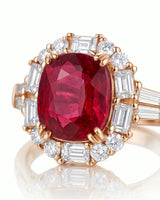 Ruby and diamond engagement ring with cushion center stone in rose gold | SARATTI