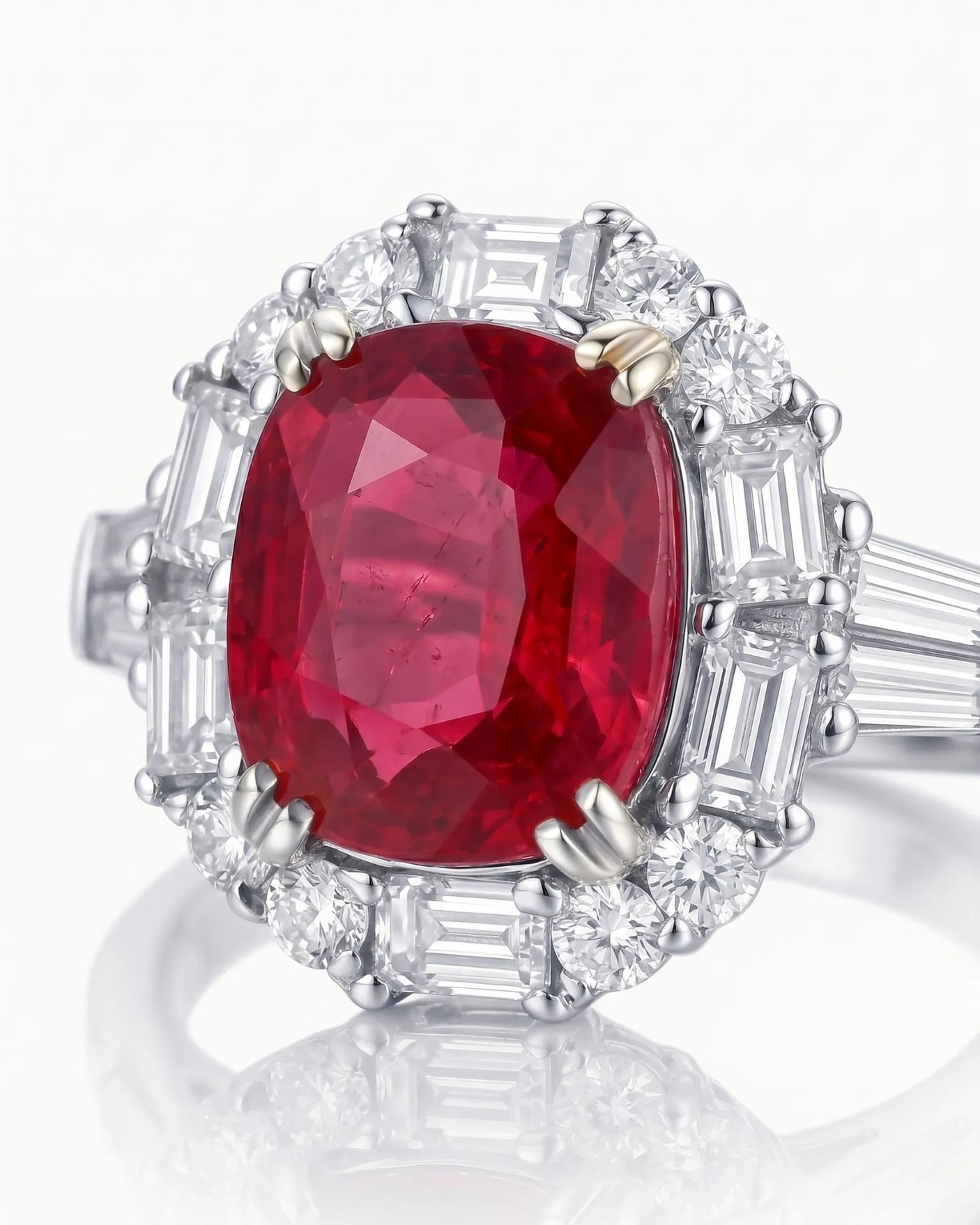 Ruby and diamond engagement ring with cushion center stone in white gold | SARATTI