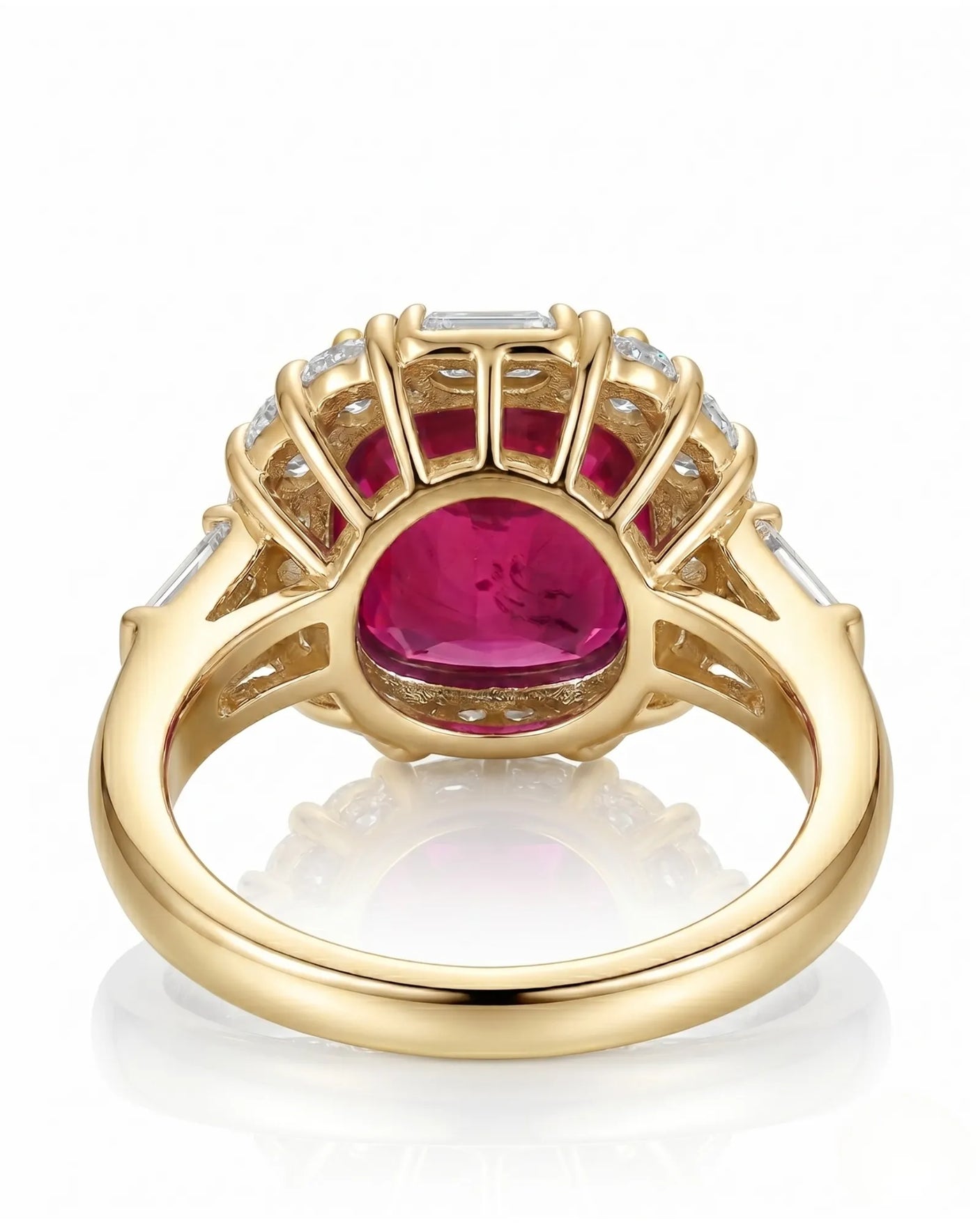 Ruby and diamond engagement ring with cushion center stone in yellow gold | SARATTI