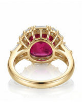 Ruby and diamond engagement ring with cushion center stone in yellow gold | SARATTI