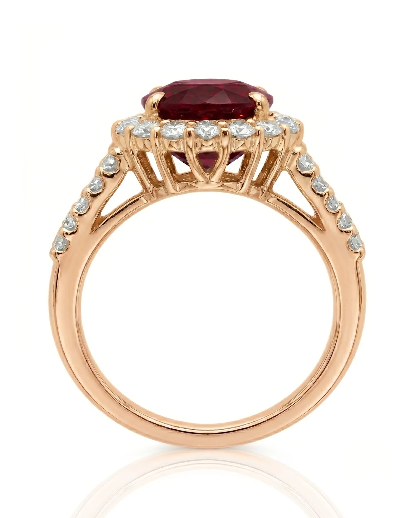 Ruby and diamond engagement ring with double halo in 18K rose gold | SARATTI