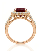 Ruby and diamond engagement ring with double halo in 18K rose gold | SARATTI