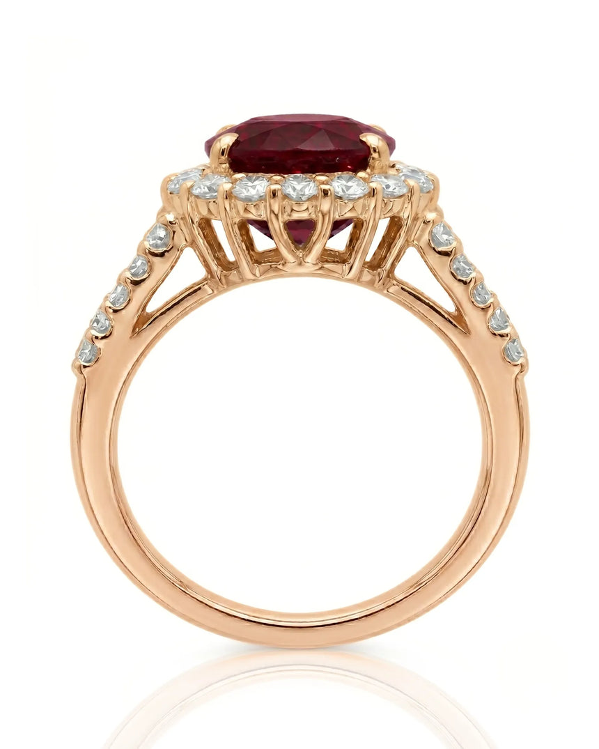 Ruby and diamond engagement ring with double halo in 18K rose gold | SARATTI