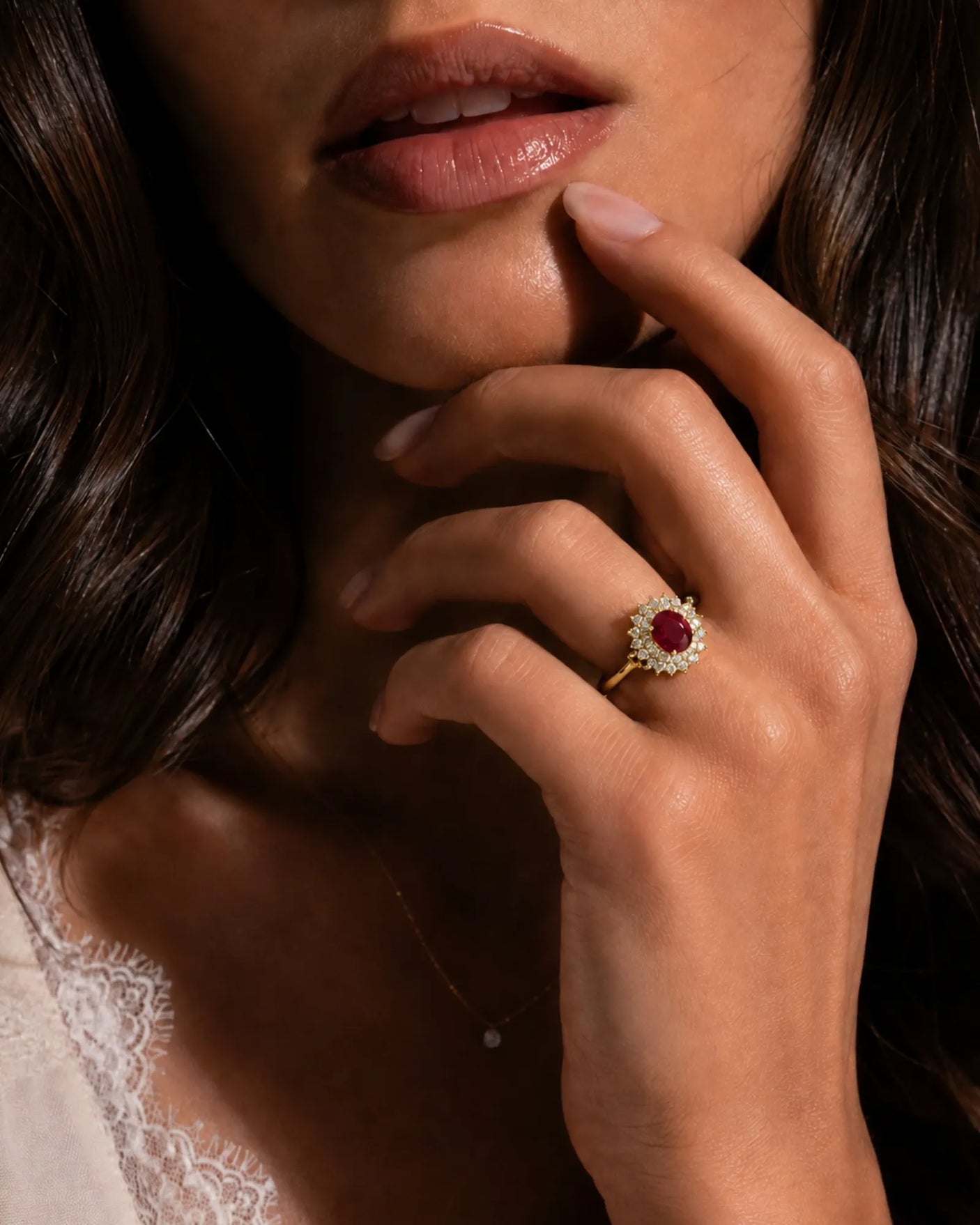 Ruby and diamond engagement ring with double halo in 18K yellow gold - SARATTI