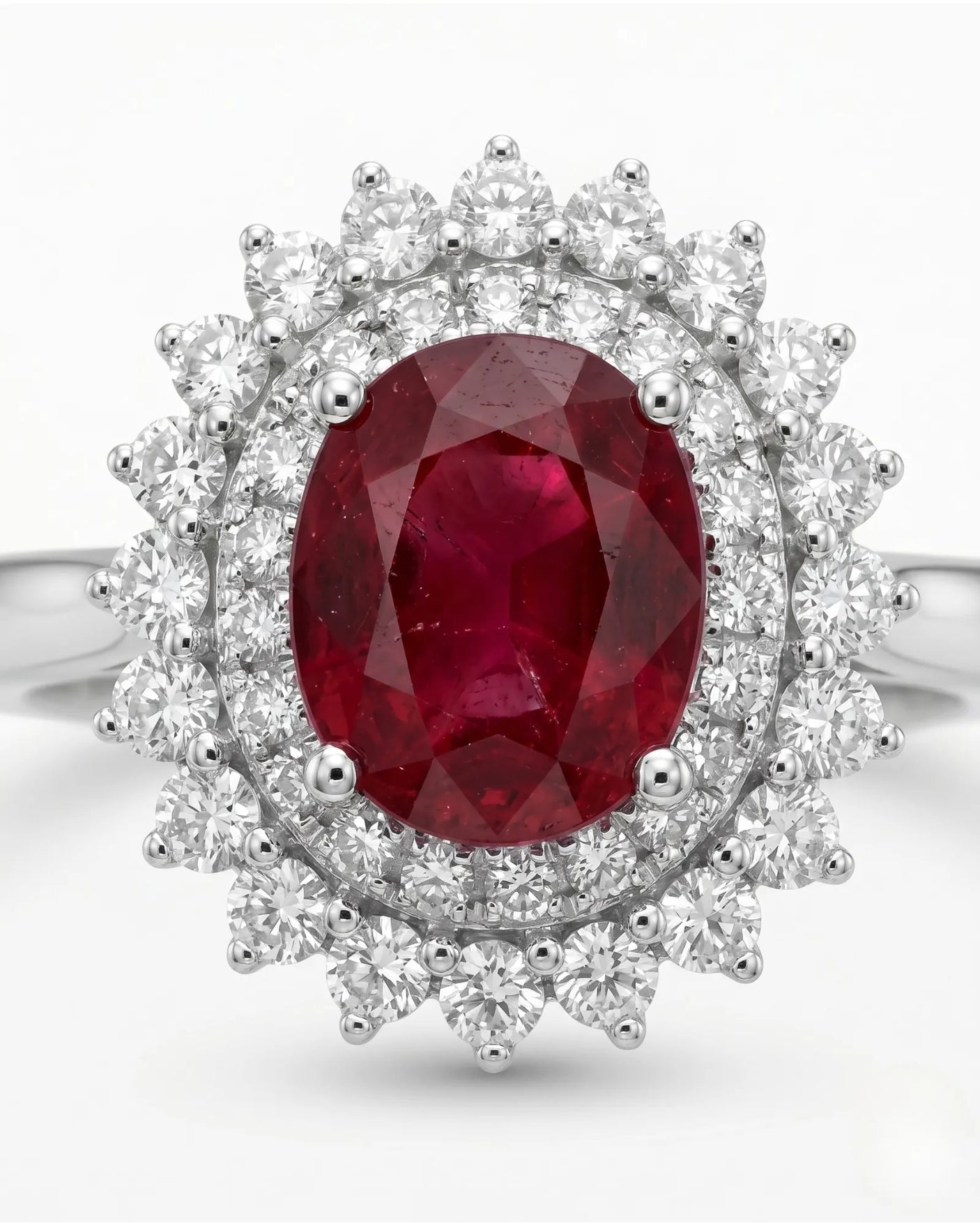 Ruby and diamond engagement ring with double halo in refined platinum --- SARATTI