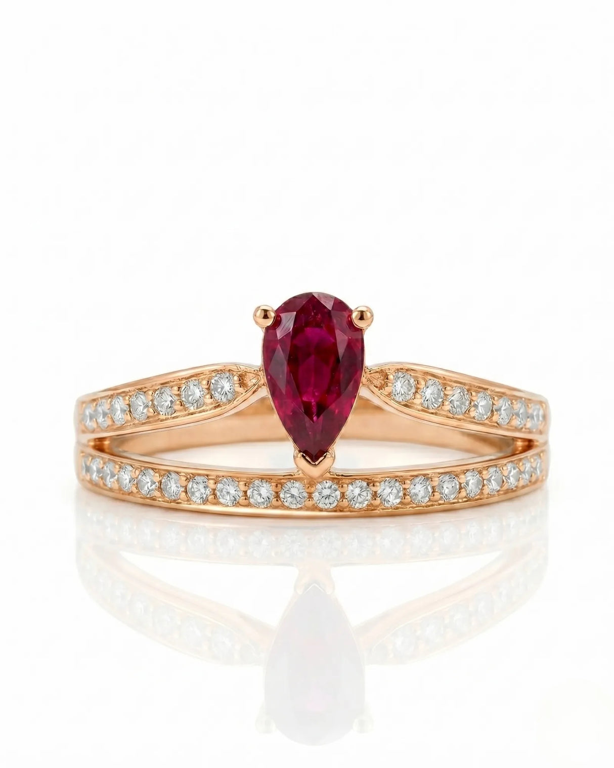 Ruby and diamond gift ring with graceful split shank in 18K rose gold | SARATTI