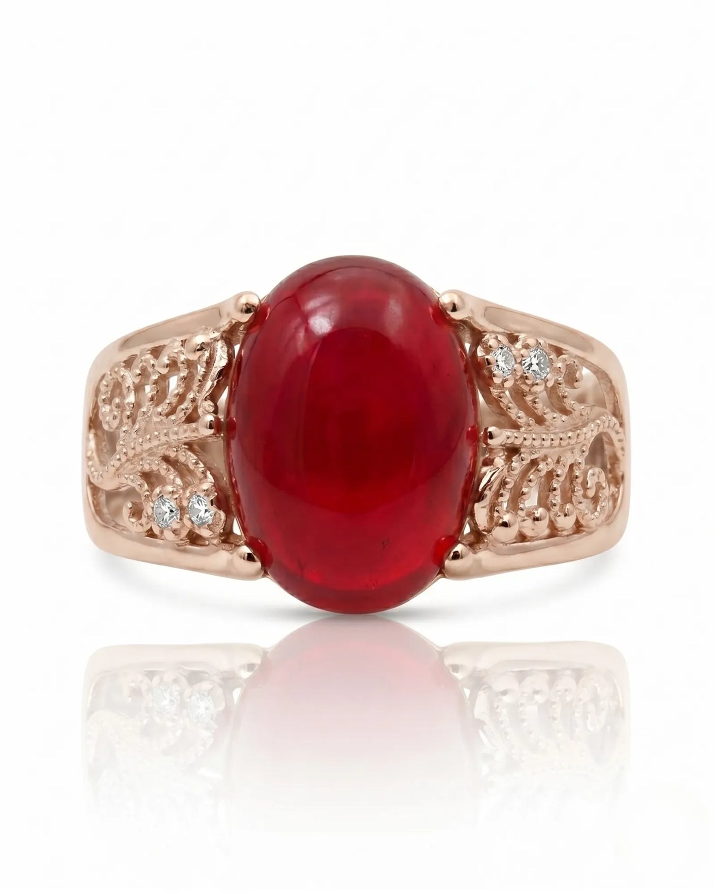 Ruby and diamond statement ring with artistic scrollwork in 18K rose gold | SARATTI
